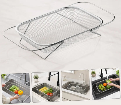 Stainless Steel Over-The-Sink Colander Strainer Basket, Expandable Rectangle Fine Mesh Kitchen Utensils with Handles, Silver Kitchen Essential