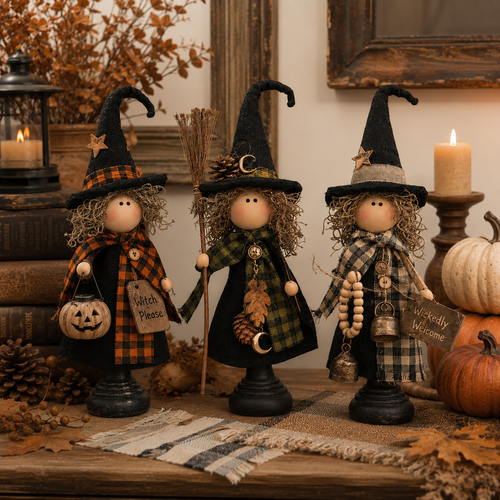 Rustic Halloween Witch Figurines, Set of 3 – Vintage Farmhouse Tabletop Decor