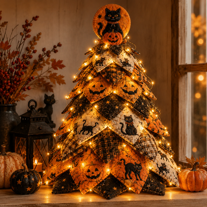🎃✨ Lighted Halloween Quilted Fabric Tree – Cozy Handmade Glow Decoration