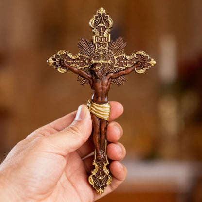 St. Benedict Exorcism Cross wood carved - Bless you and your family - size and finish detail