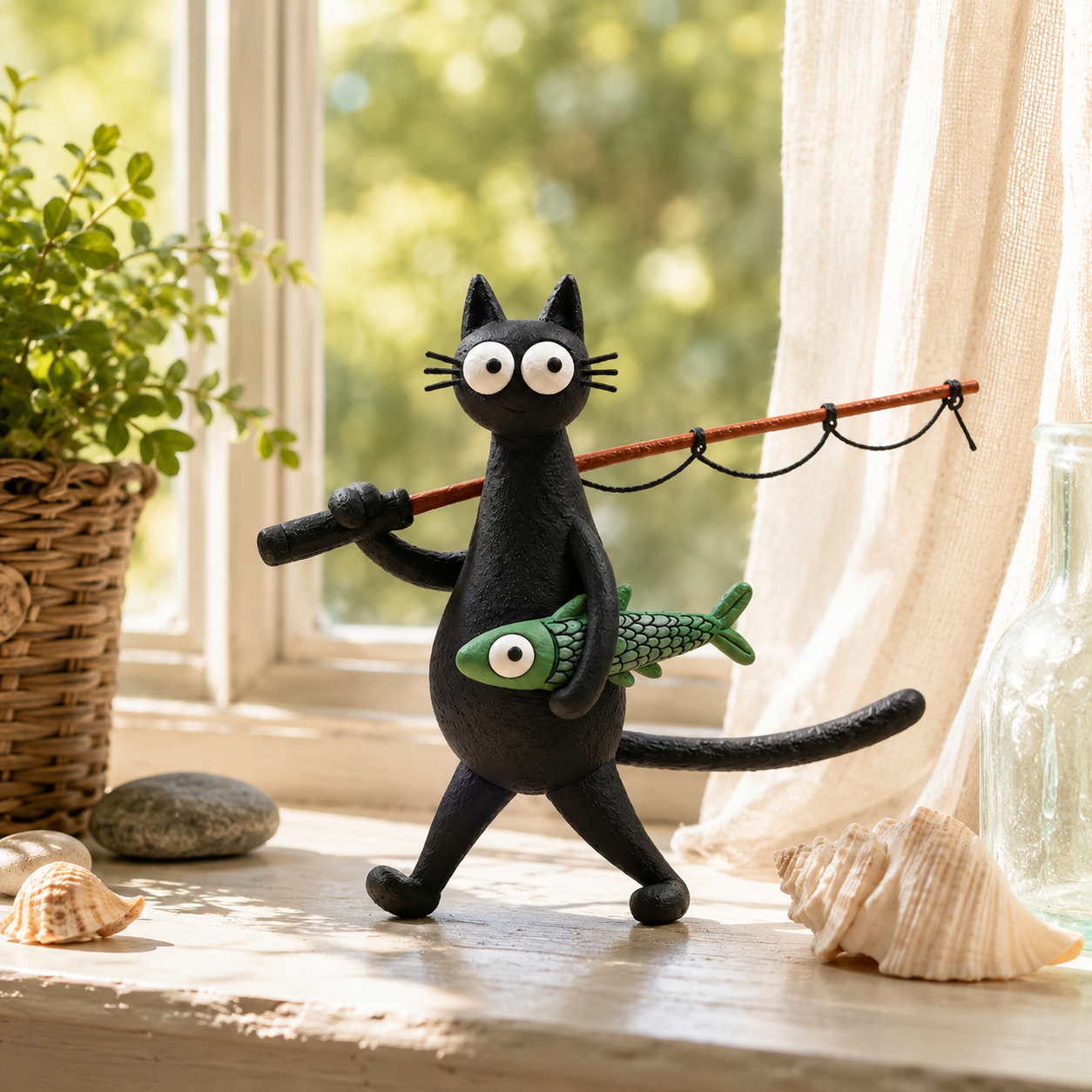 🐱🎣 Whimsical Fishing Cat Figurine – A Catch of Pure Charm