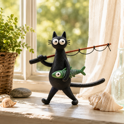 🐱🎣 Whimsical Fishing Cat Figurine – A Catch of Pure Charm