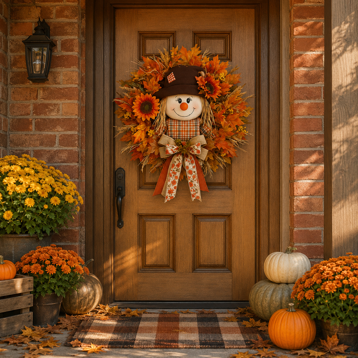 🍂🌻 Lighted Scarecrow Fall Wreath for Front Door