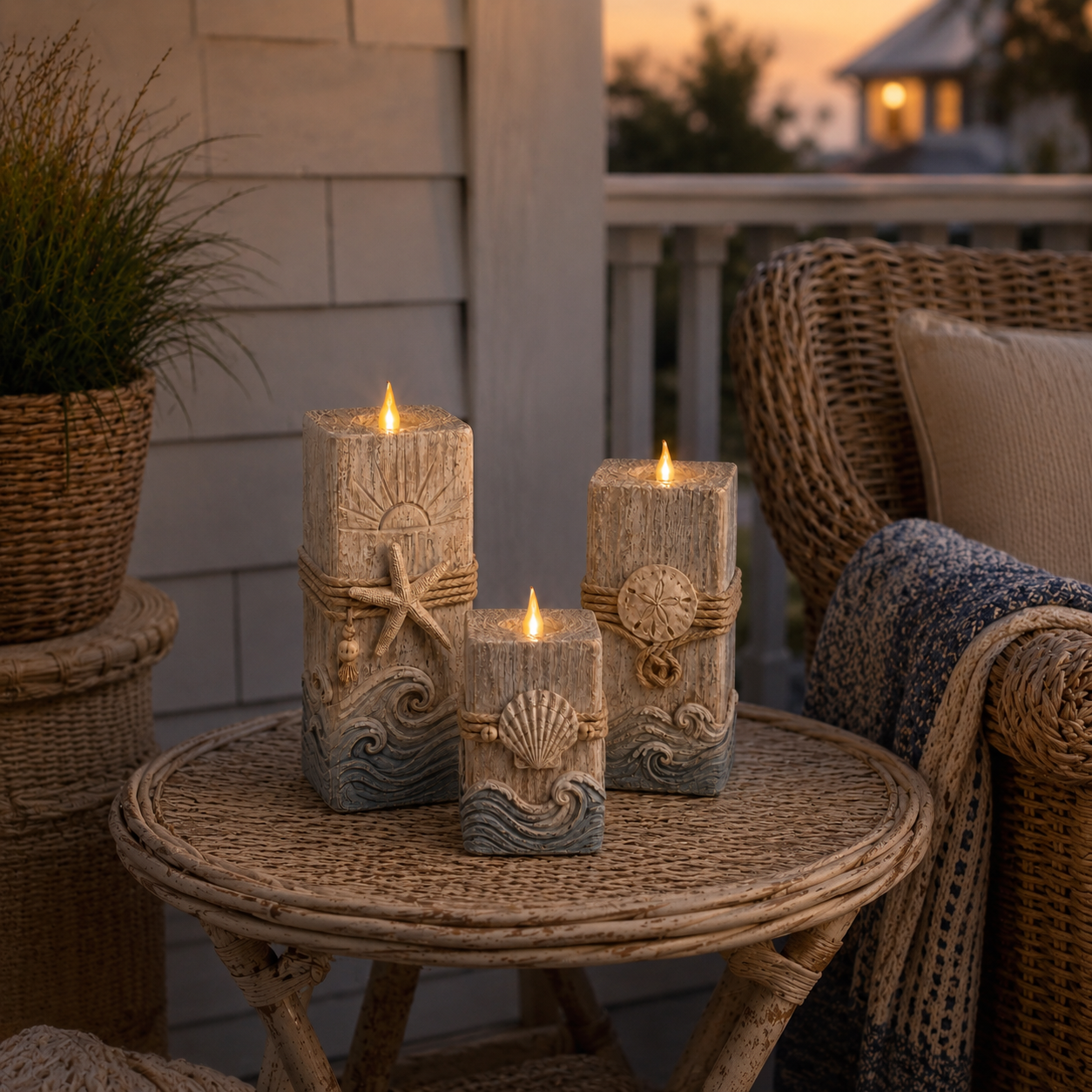 Vintage Wooden Coastal Seashell LED Candle Decor