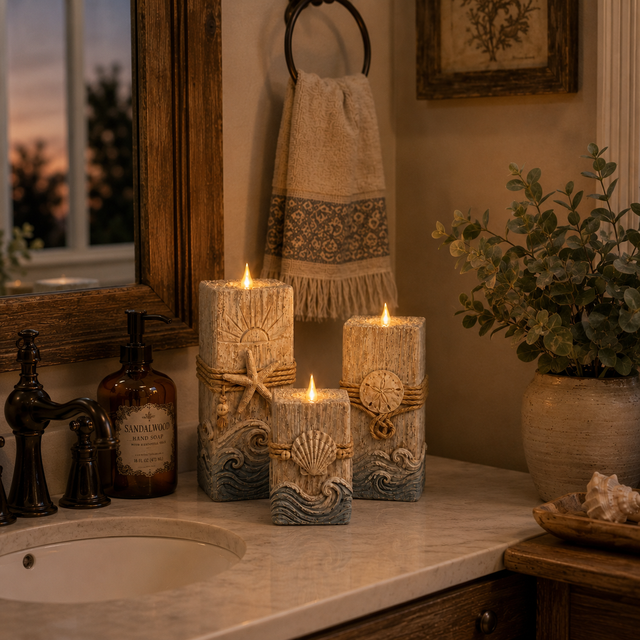Vintage Wooden Coastal Seashell LED Candle Decor
