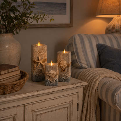 Vintage Wooden Coastal Seashell LED Candle Decor