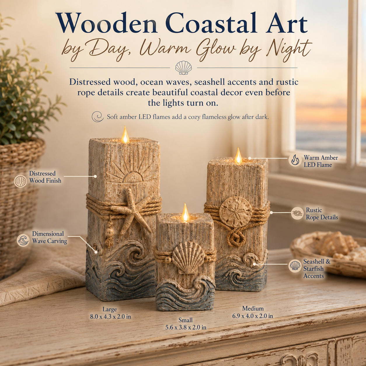 Vintage Wooden Coastal Seashell LED Candle Decor