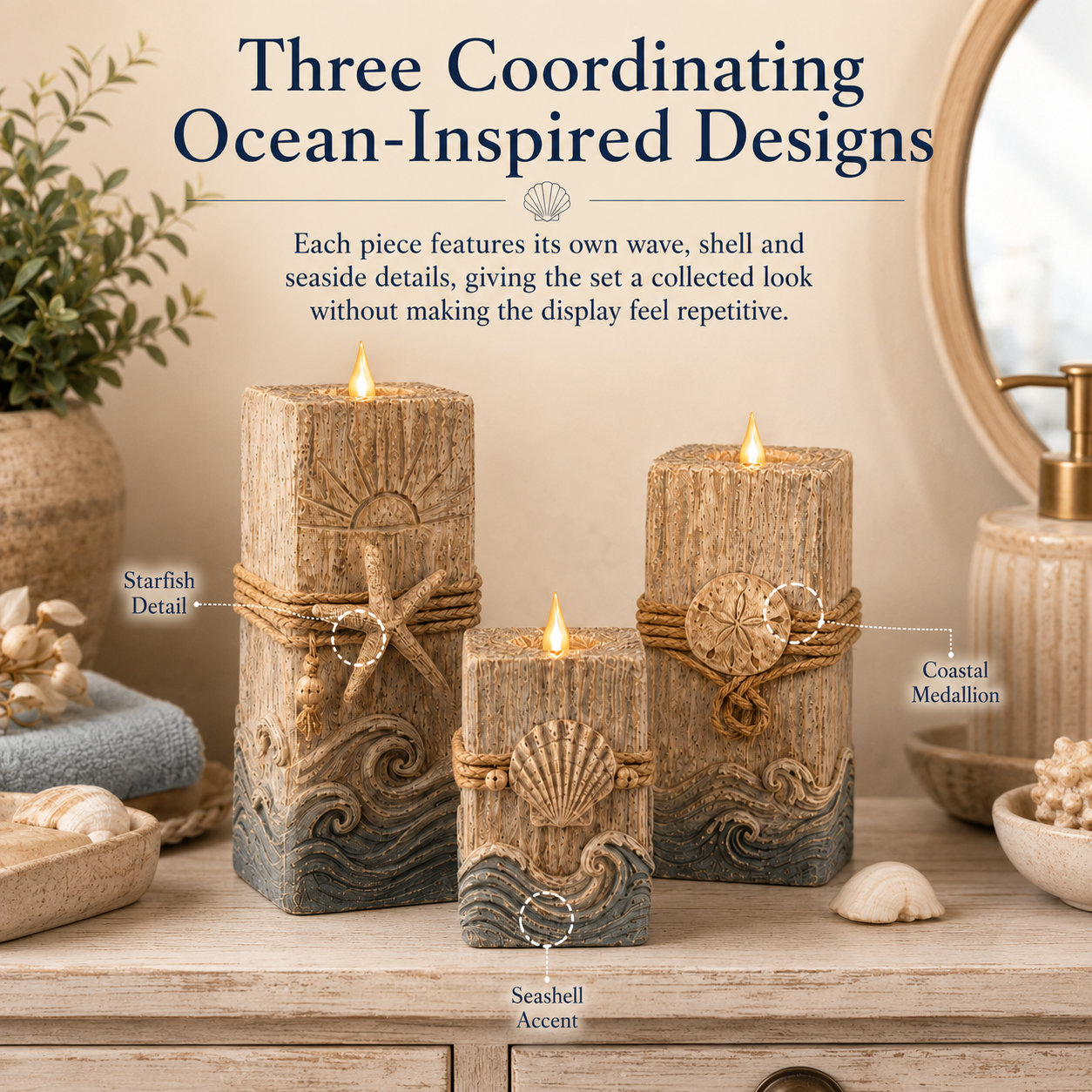 Vintage Wooden Coastal Seashell LED Candle Decor