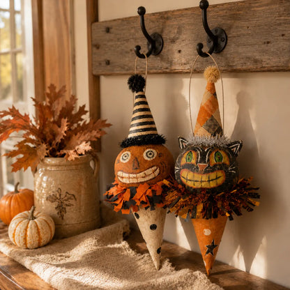 🎃Vintage Pumpkin & Black Cat Ornament🐱