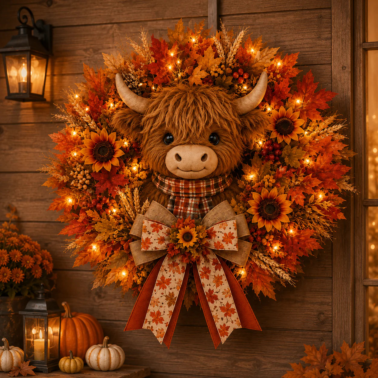 🍂🎃Autumn Retro Patchwork Pumpkin Door Hanging with Lights