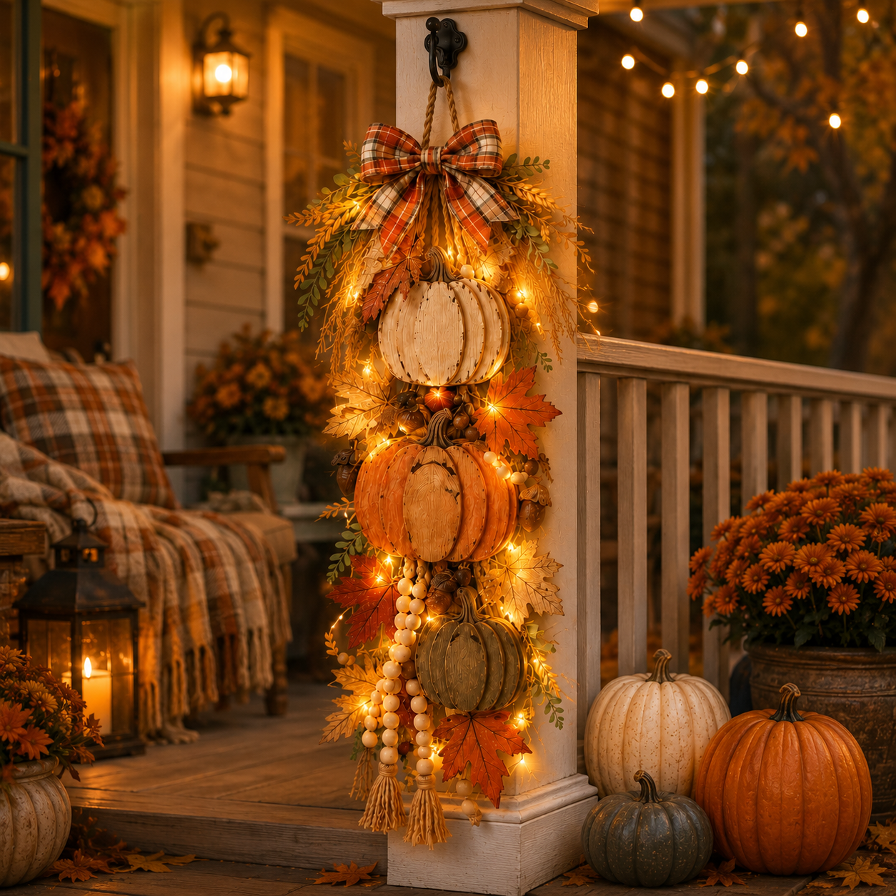 🏡🎃Rustic Wooden Pumpkin Door Hanging with Warm LED Lights
