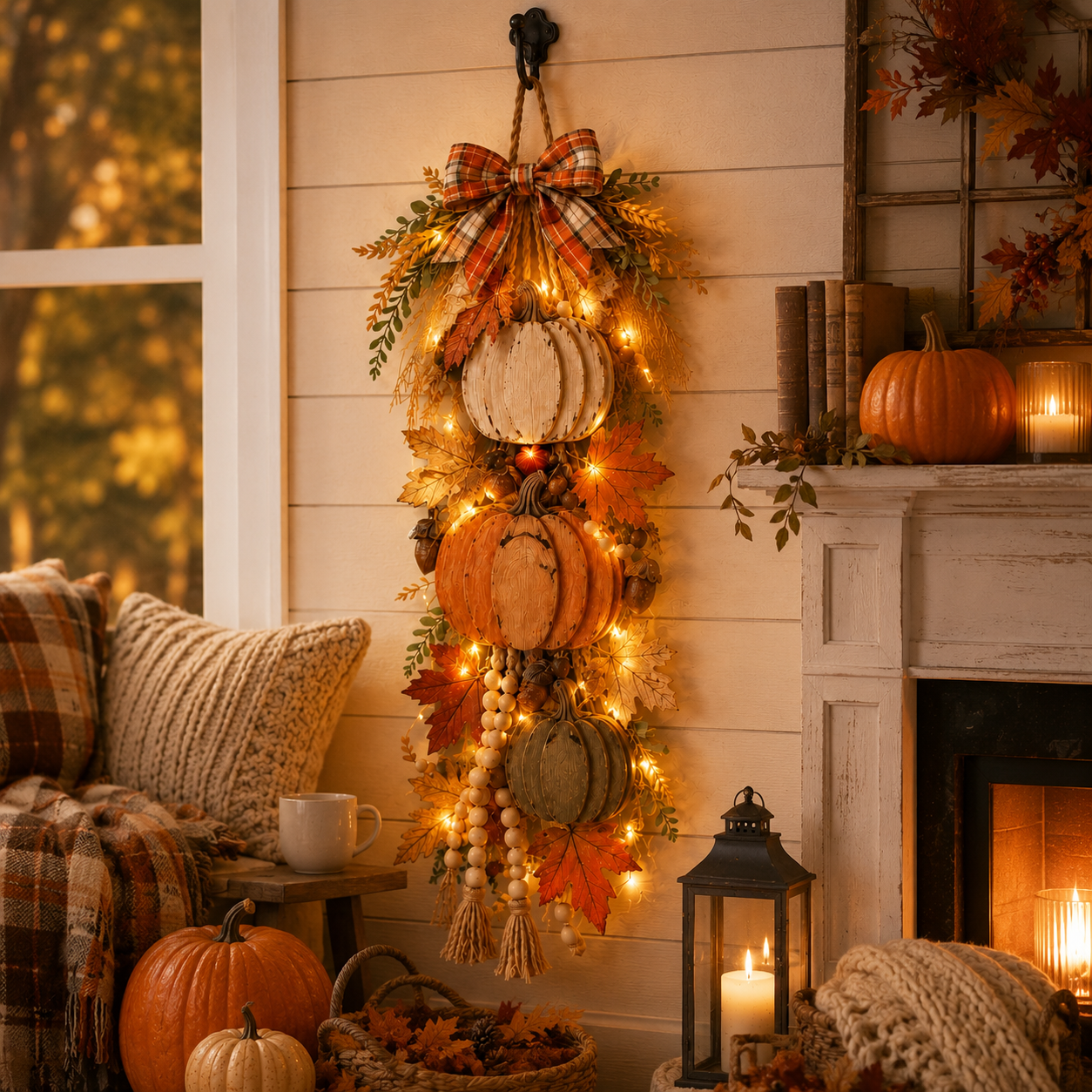 🏡🎃Rustic Wooden Pumpkin Door Hanging with Warm LED Lights