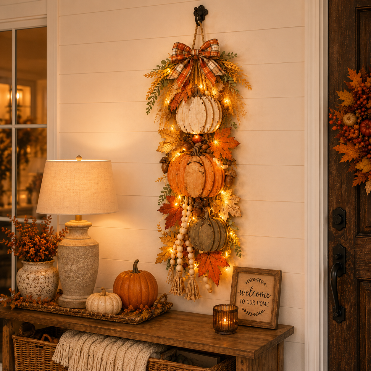 🏡🎃Rustic Wooden Pumpkin Door Hanging with Warm LED Lights
