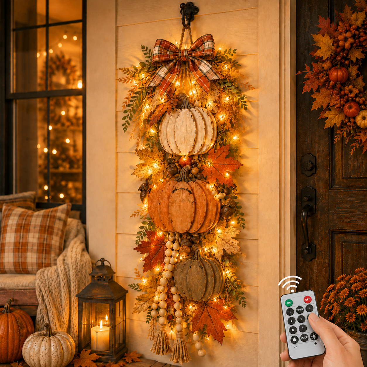 🏡🎃Rustic Wooden Pumpkin Door Hanging with Warm LED Lights