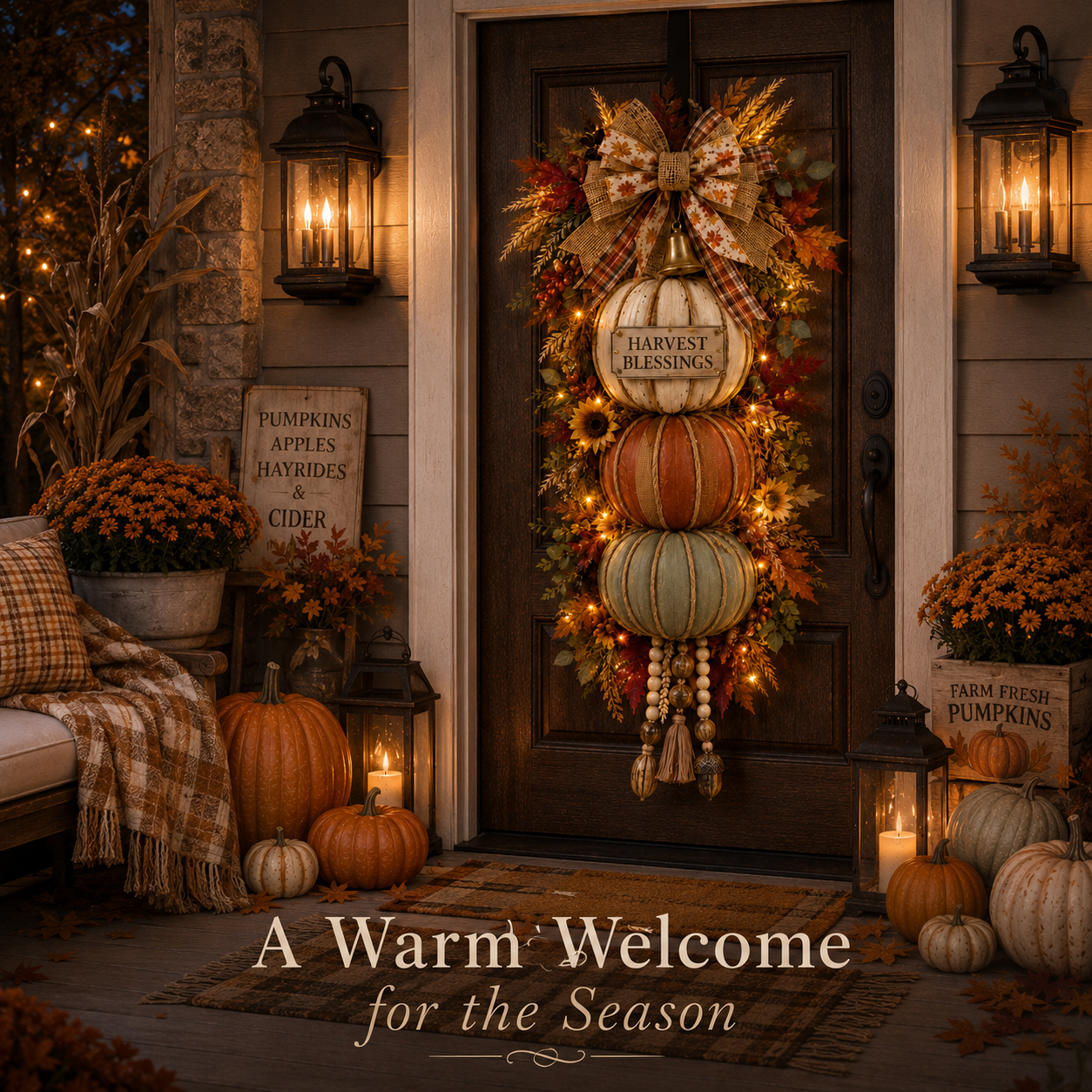 🏡🎃Lighted Stacked Pumpkin Fall Door Decor with 3 Seasonal Plaques