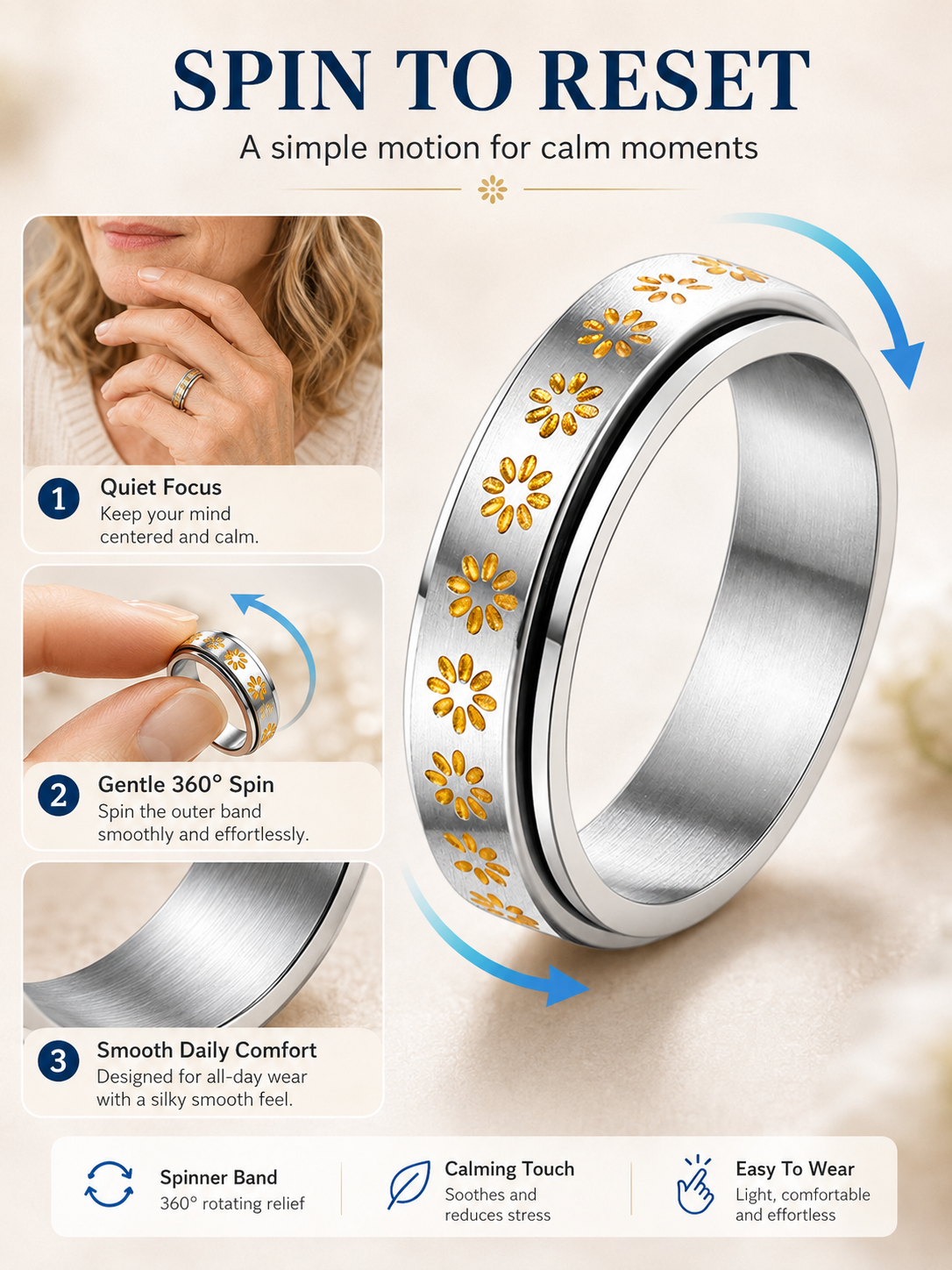 💖 Inspirational Gift ✨ 925 Silver-Plated Christian Spinner Ring with Psalm 46:5 & Holy Cross 🙏