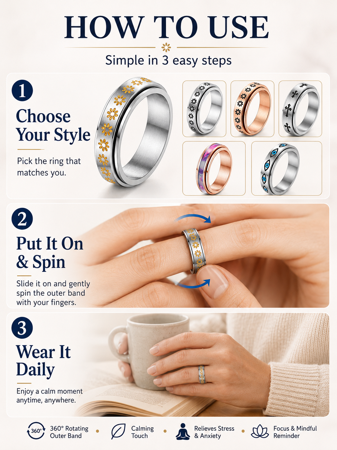 💖 Inspirational Gift ✨ 925 Silver-Plated Christian Spinner Ring with Psalm 46:5 & Holy Cross 🙏