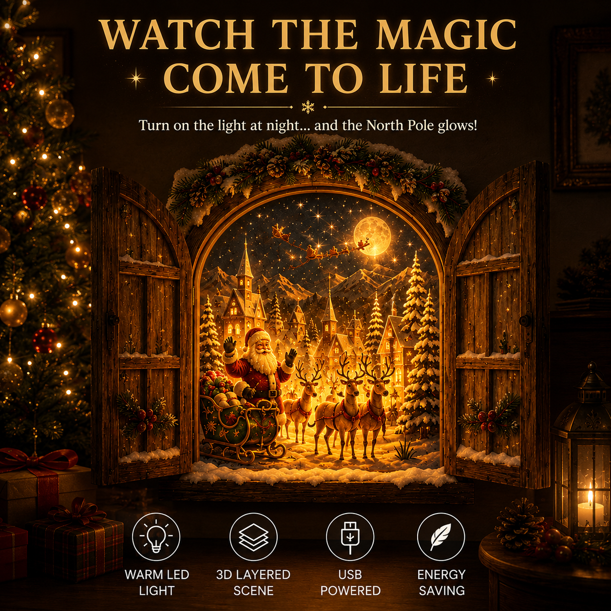 🎅 Santa’s Secret Window Light – 3D Lighted North Pole Christmas Wall Decor