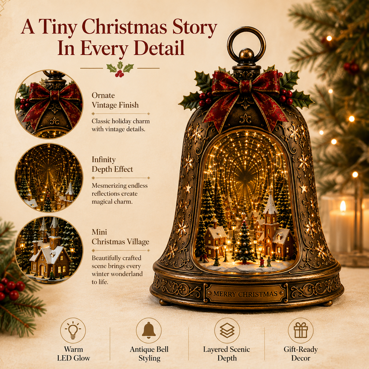 🎄 Christmas Village Infinity Bell – Lighted 3D Holiday Decor