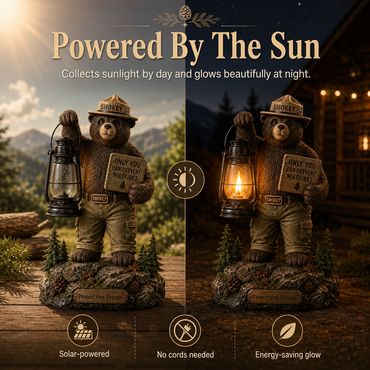 Solar Forest Ranger Bear Lantern Statue