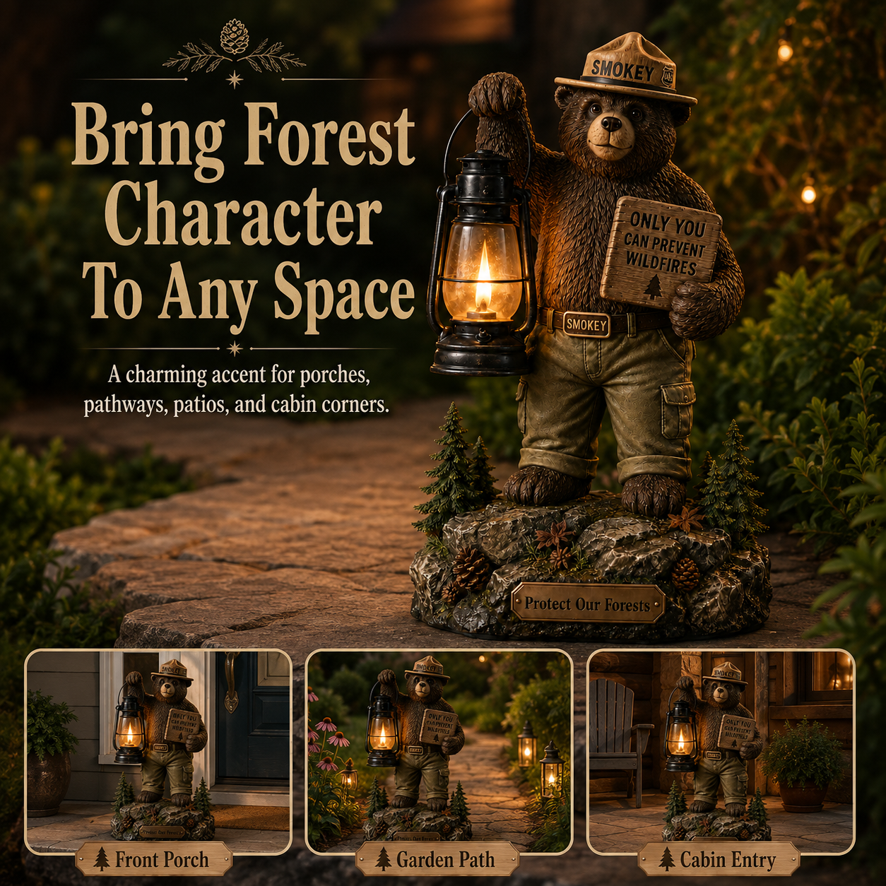 Solar Forest Ranger Bear Lantern Statue
