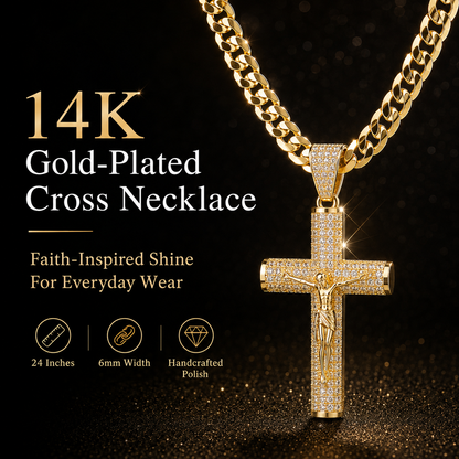 ✨ Gold-Plated Cuban Figaro Cross Necklace – 24" Miami Crucifix, Handcrafted Polished, Perfect Father's Day Gift