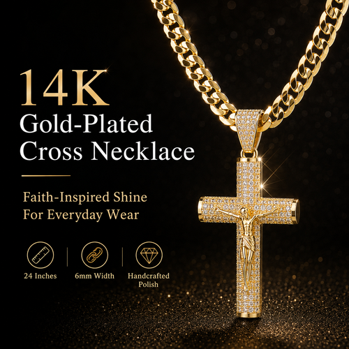 ✨ Gold-Plated Cuban Figaro Cross Necklace – 24" Miami Crucifix, Handcrafted Polished, Perfect Father's Day Gift