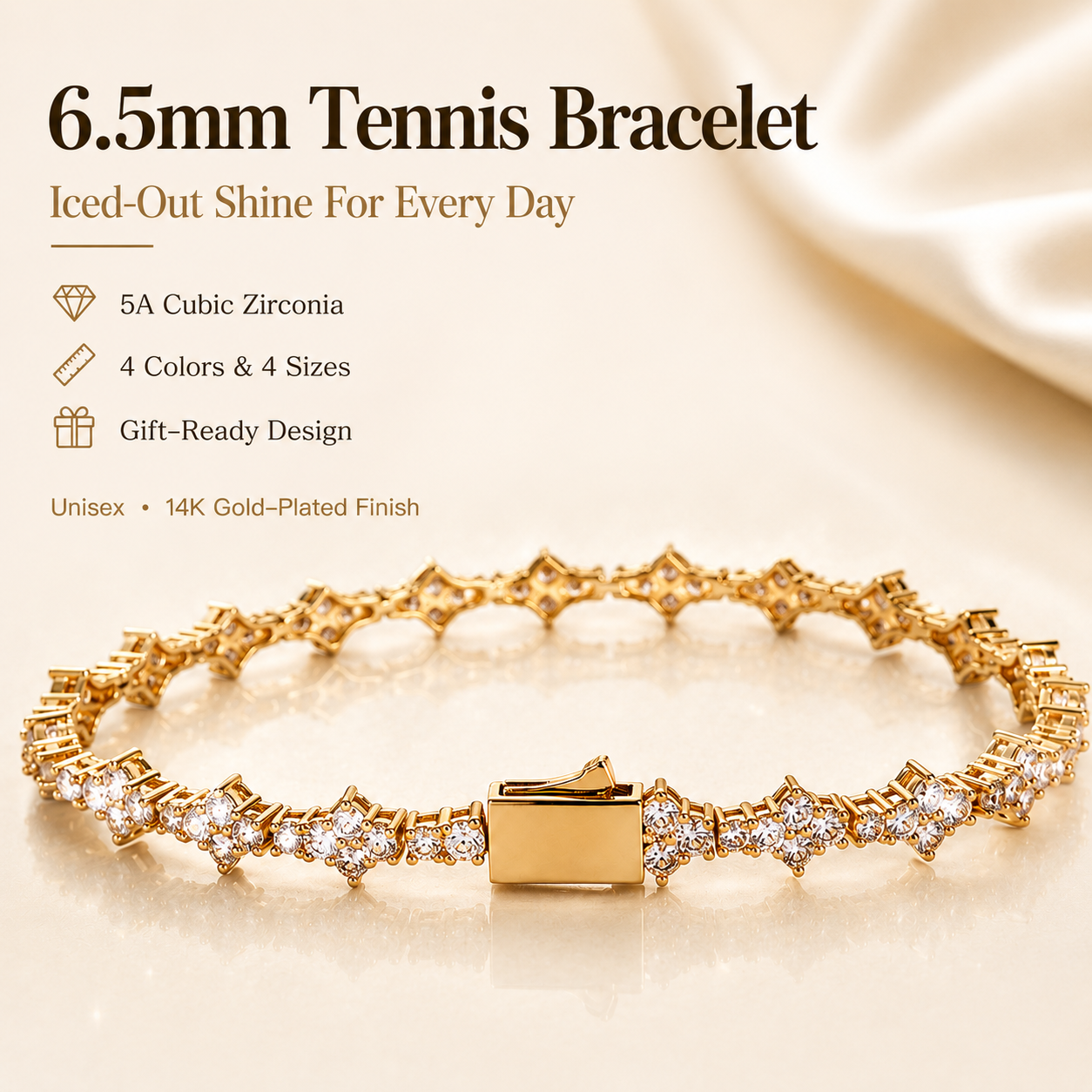 ✨ Gold Tennis Bracelet 6.5mm – CZ Clover Design, Gift for All