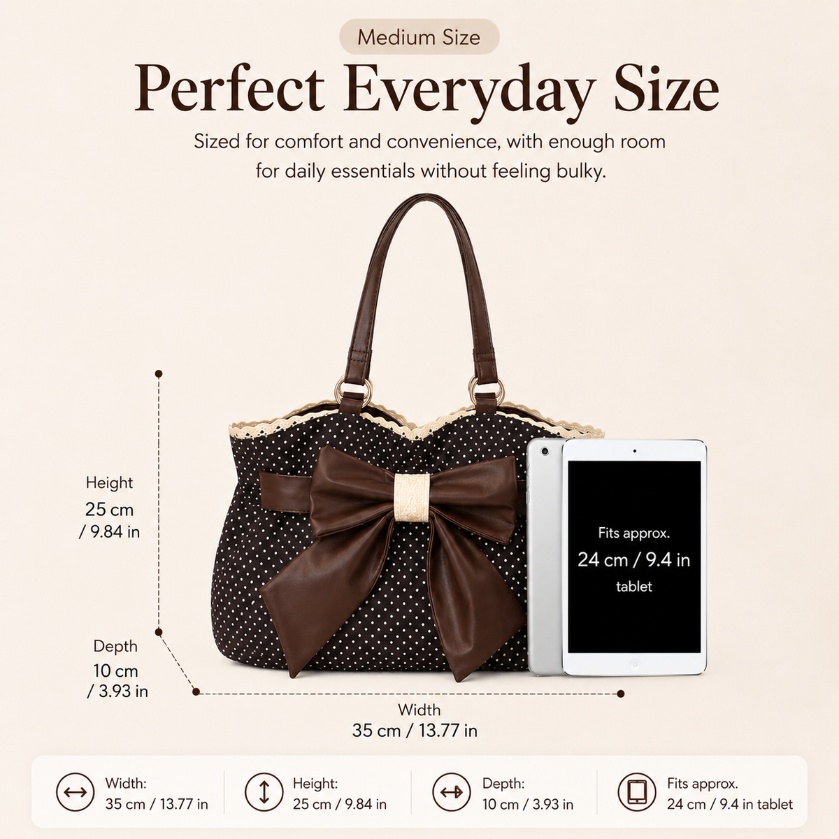 👜 Women's Casual Shoulder Tote – Polka Dot Print, Big Bow Detail, Large Capacity for Gym & Outdoors