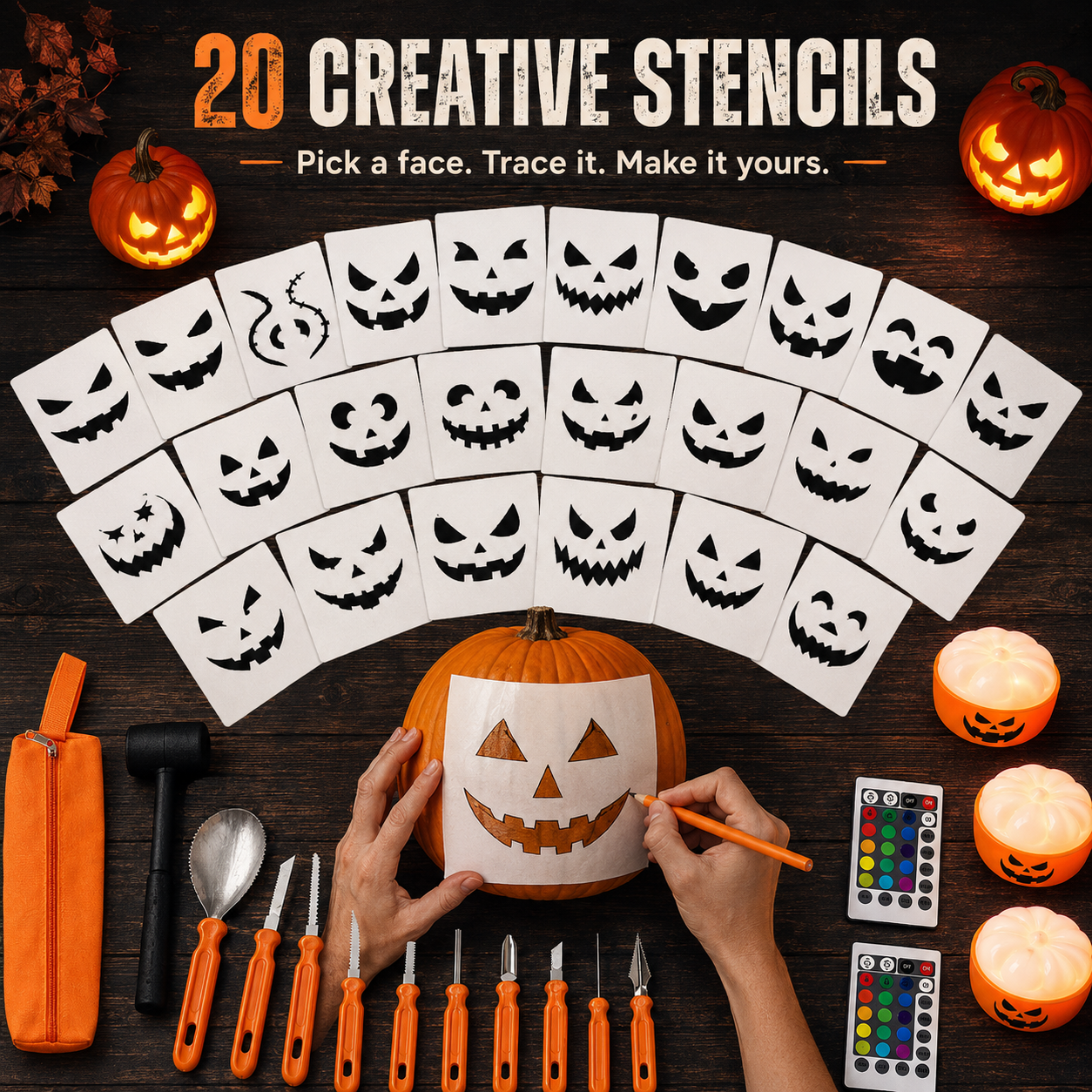 🎃 36-Piece Pumpkin Carving Kit with 16-Color LED Lights