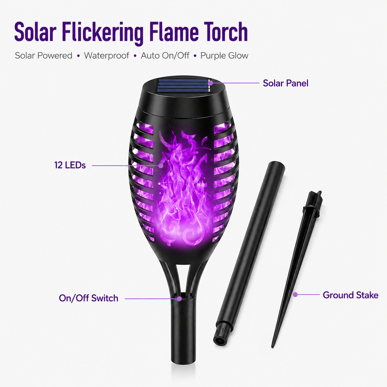 6-Pack Solar Halloween Torch Lights：Purple Flickering Flame, Waterproof Yard Pathway Patio Decor