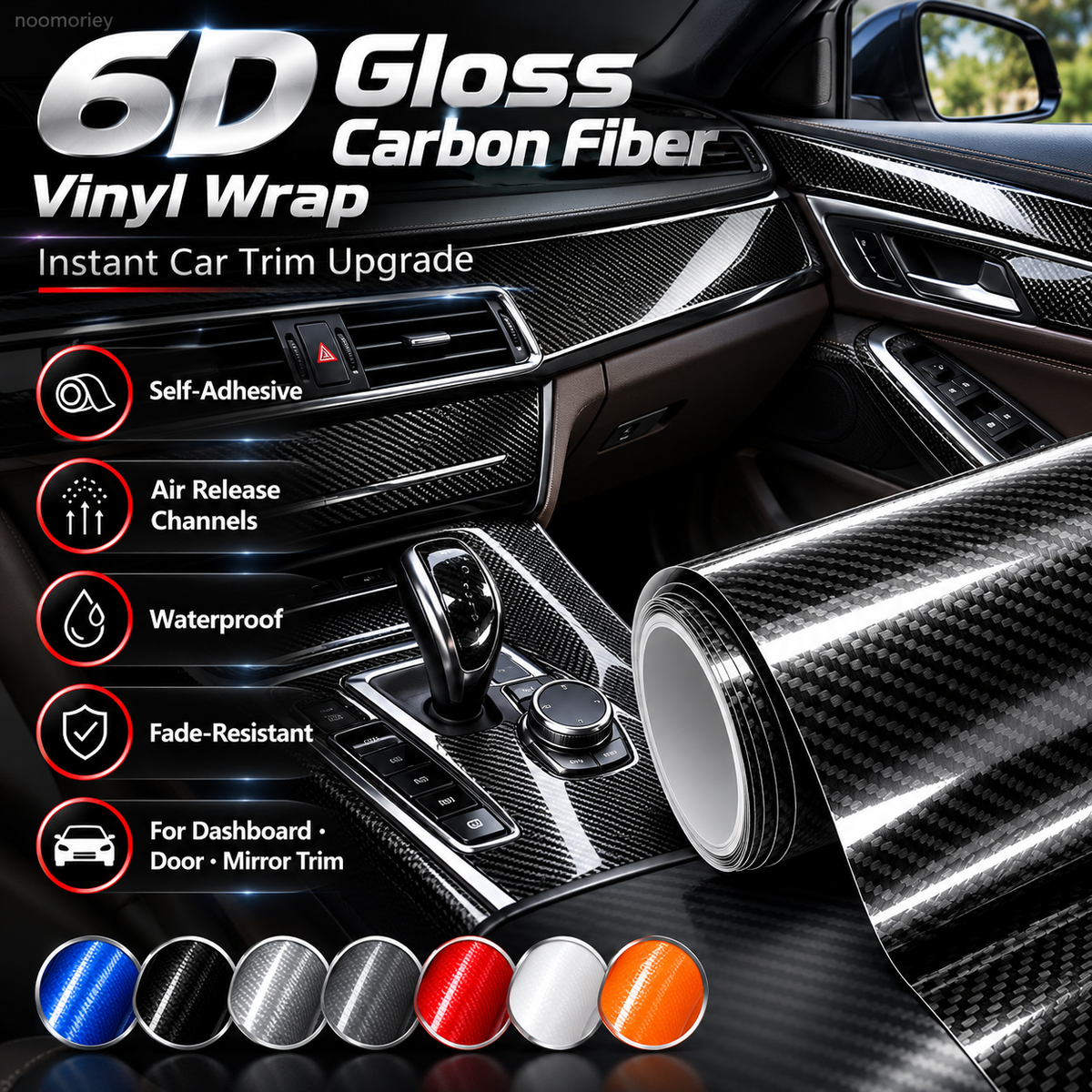 ✨ 6D Gloss Carbon Fiber Vinyl Wrap – Self-Adhesive Waterproof Car Interior & Exterior Trim Film