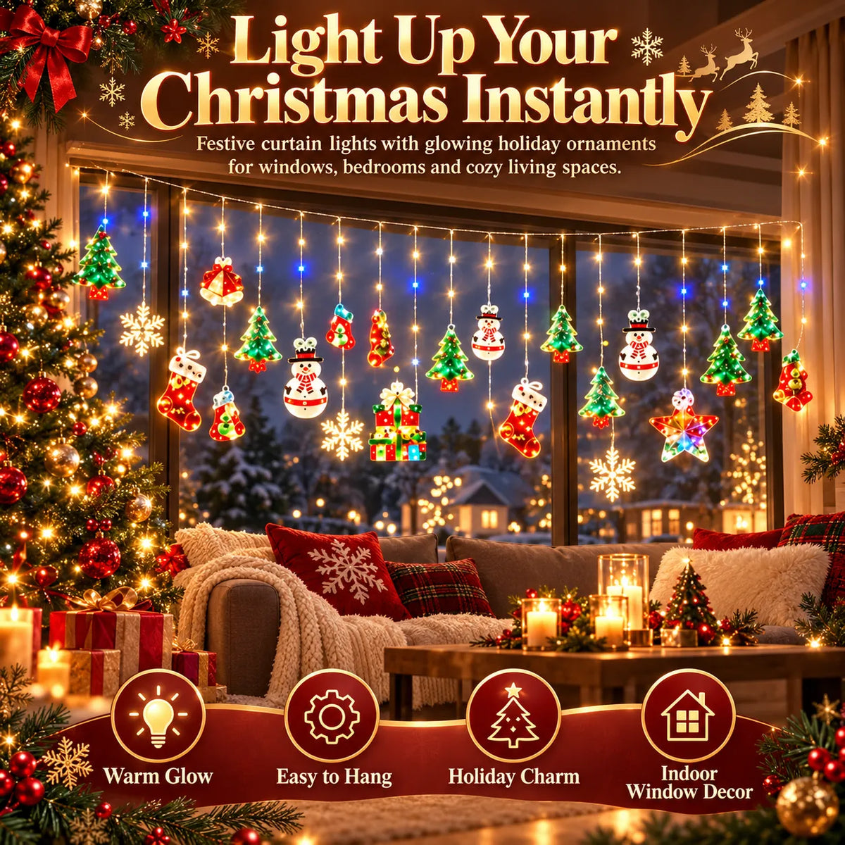 🎁Christmas Ornament Curtain Lights – Light-Up Holiday Window Decorations for Home
