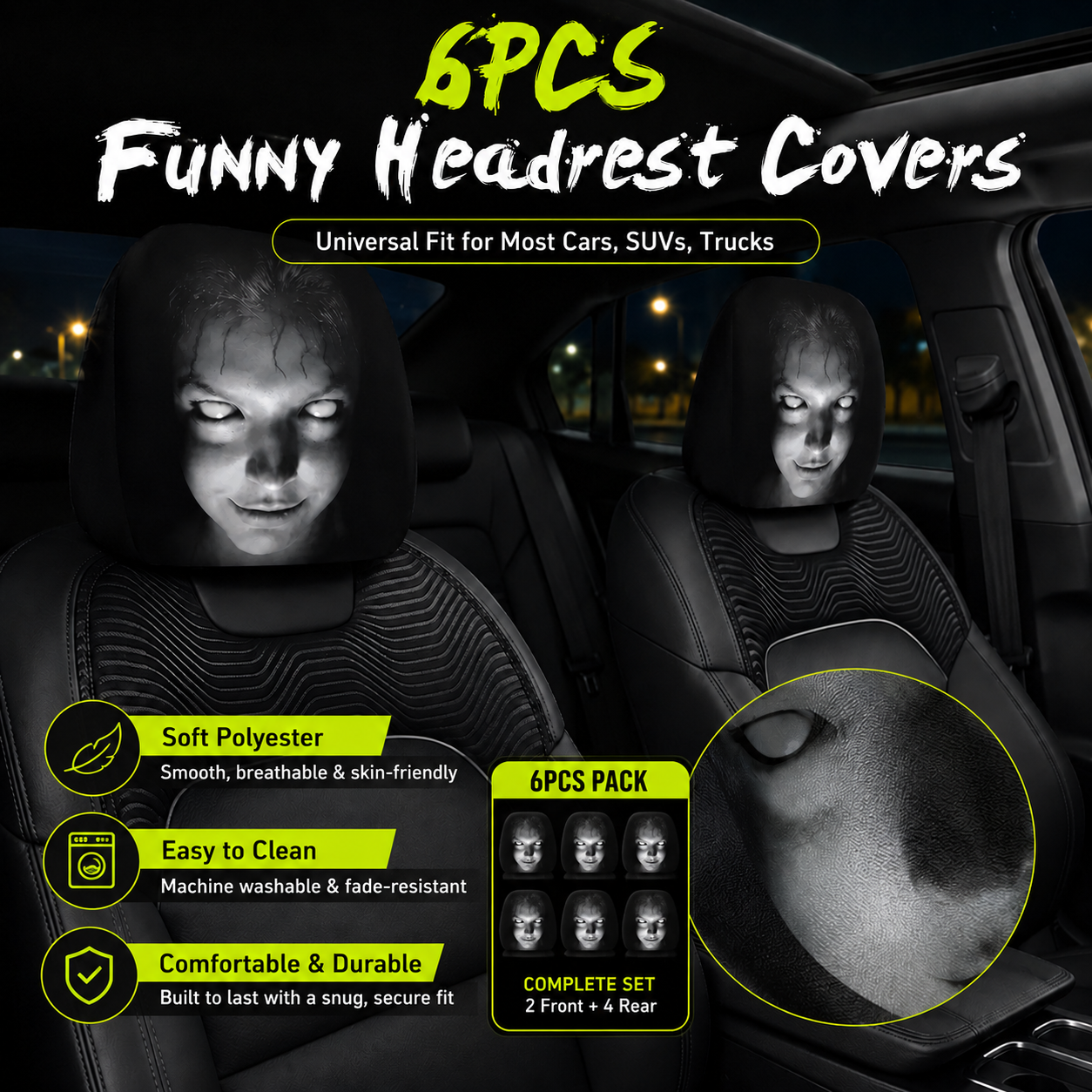 🔥HOT SALE 55% OFF😆 Funny Cartoon Car Headrest Covers – 2PCS Universal Fit 🚗