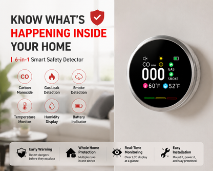 🚨 Smart 6-in-1 Gas Detector – CO Smoke & Gas Leak Alarm With LCD Display