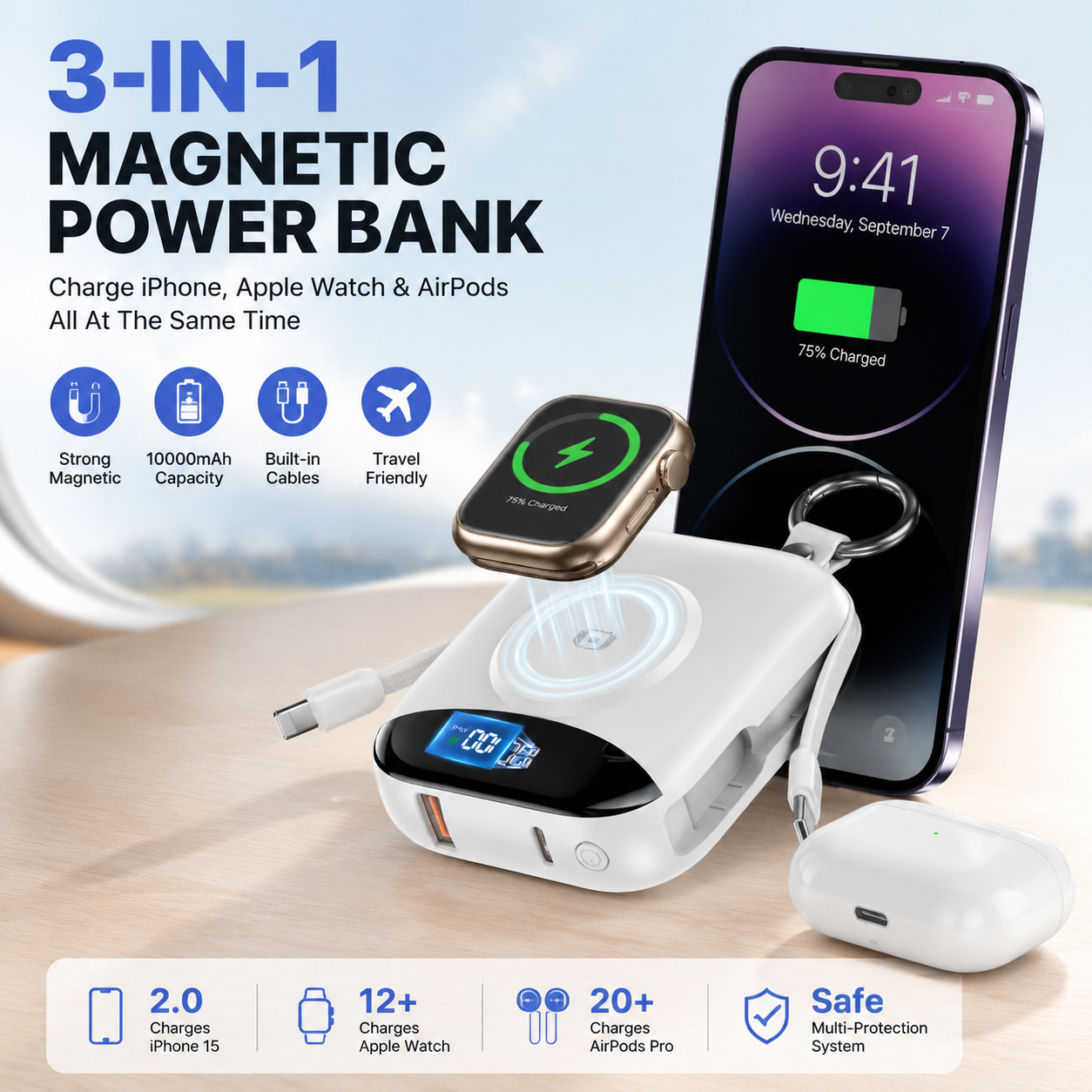 🔥 Hot sell 50% OFF-🔋 10,000mAh 3-in-1 Magnetic Power Bank with Built-In Cables