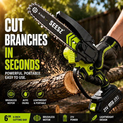 🔥6-Inch Mini Chainsaw – Powerful 21V Brushless Cordless Electric Saw with Auto Oiling, Safety Lock & Lightweight Design for Easy Wood Cutting