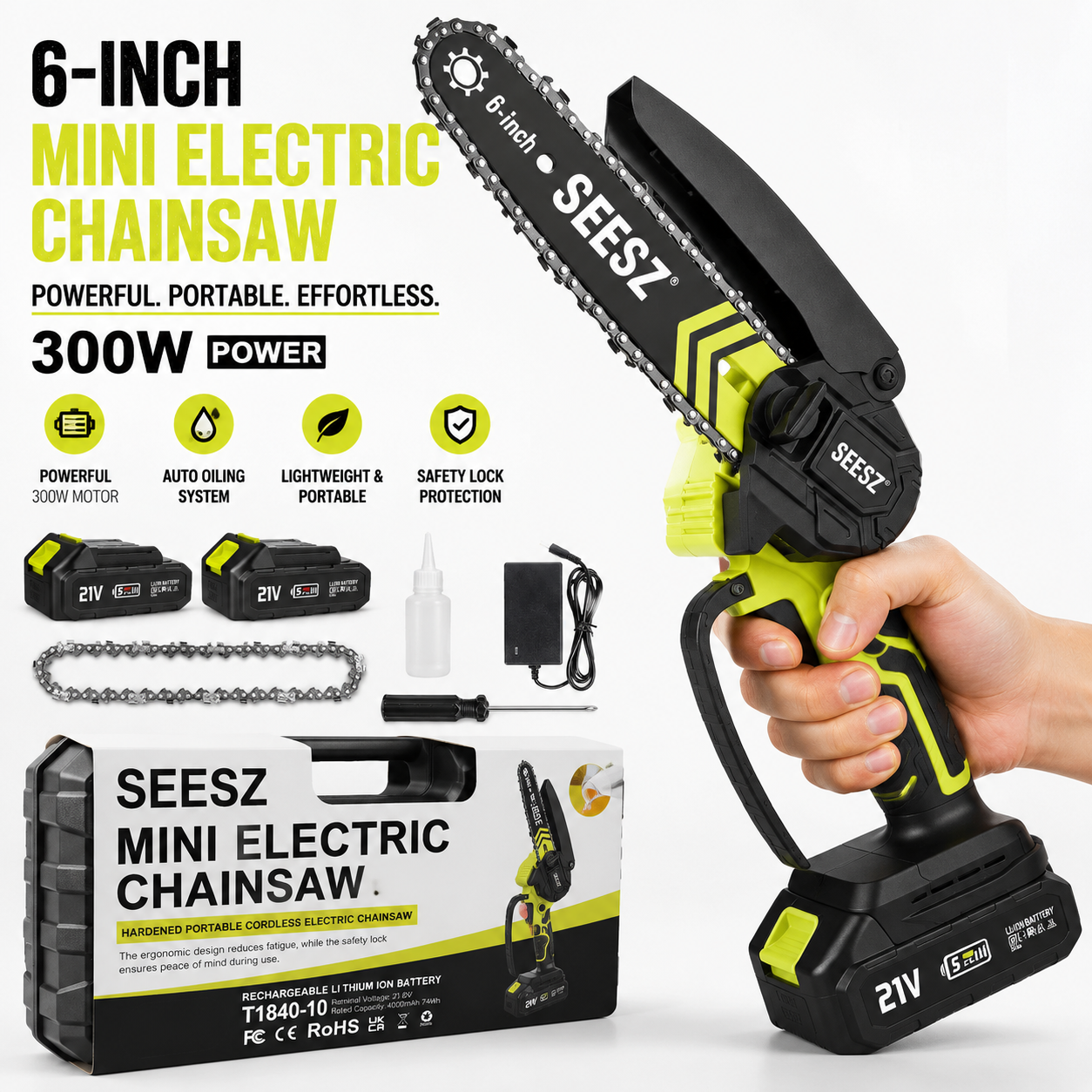 🔥6-Inch Mini Chainsaw – Powerful 21V Brushless Cordless Electric Saw with Auto Oiling, Safety Lock & Lightweight Design for Easy Wood Cutting