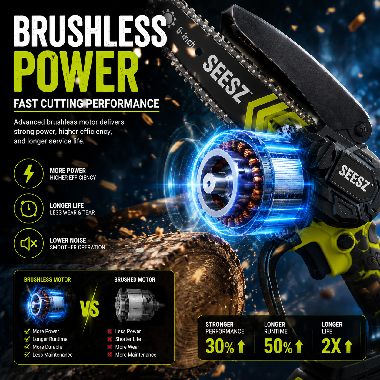 🔥6-Inch Mini Chainsaw – Powerful 21V Brushless Cordless Electric Saw with Auto Oiling, Safety Lock & Lightweight Design for Easy Wood Cutting