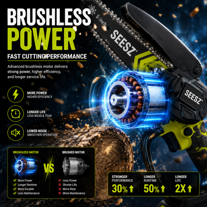 🔥6-Inch Mini Chainsaw – Powerful 21V Brushless Cordless Electric Saw with Auto Oiling, Safety Lock & Lightweight Design for Easy Wood Cutting