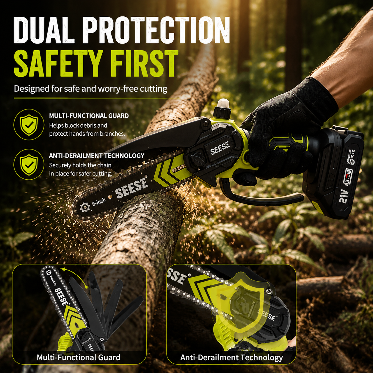 🔥6-Inch Mini Chainsaw – Powerful 21V Brushless Cordless Electric Saw with Auto Oiling, Safety Lock & Lightweight Design for Easy Wood Cutting
