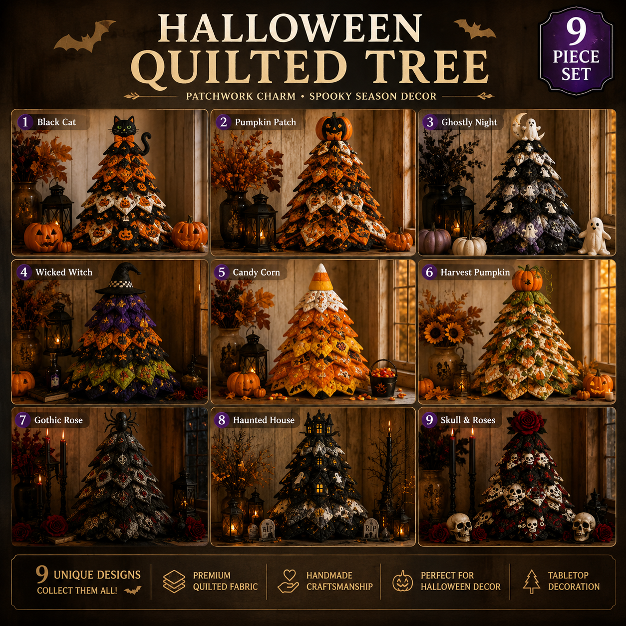 🎃✨ Lighted Halloween Quilted Fabric Tree – Cozy Handmade Glow Decoration