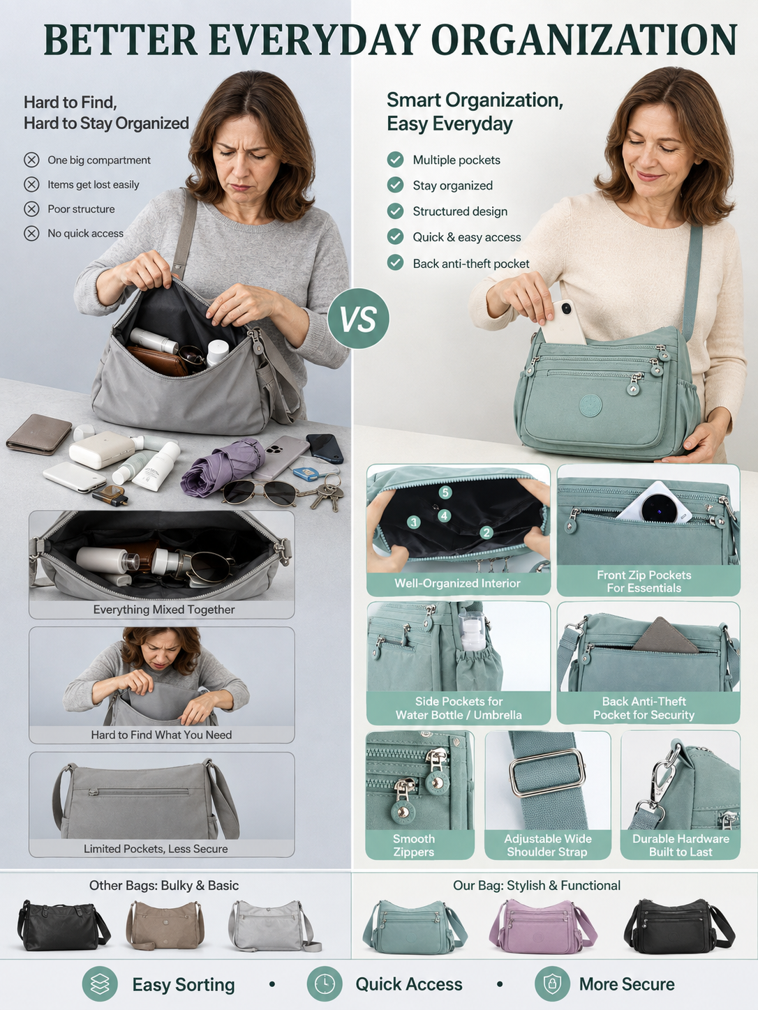 💖 Everyday Favorite Nylon Crossbody Bag with Multi-Pocket Storage