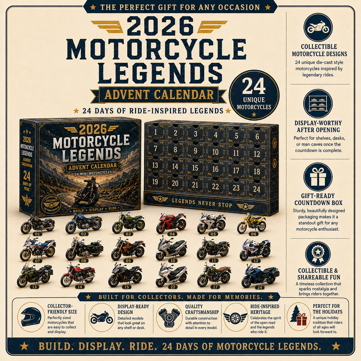 🎁 2026 Motorcycle Legends Advent Calendar – 24 Days, 24 Mini Motorcycles, 24 Legendary Rides