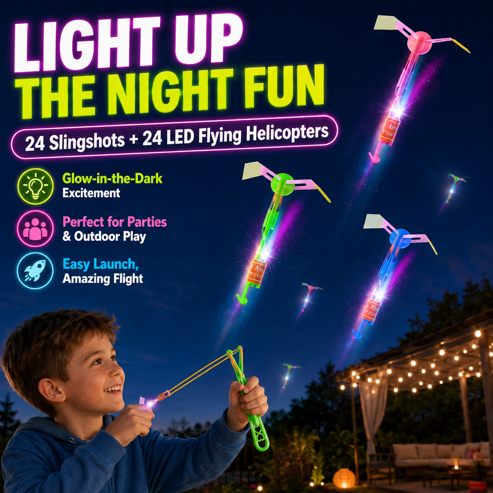 24 slingshots and 24 LED flying helicopters glowing at night