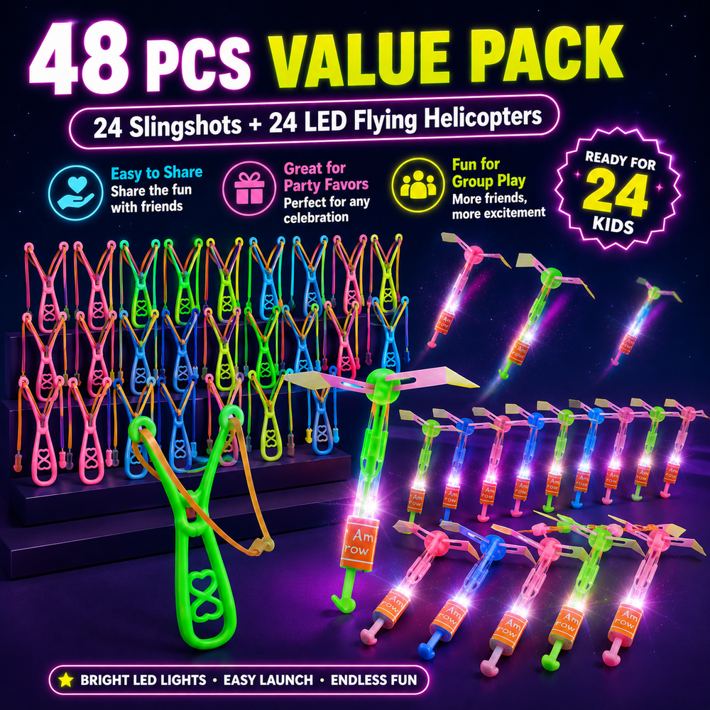 48 piece value pack with 24 slingshots and 24 LED helicopters