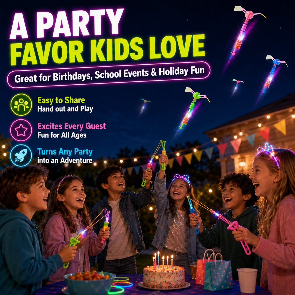 Kids playing with LED flying helicopters at a birthday party