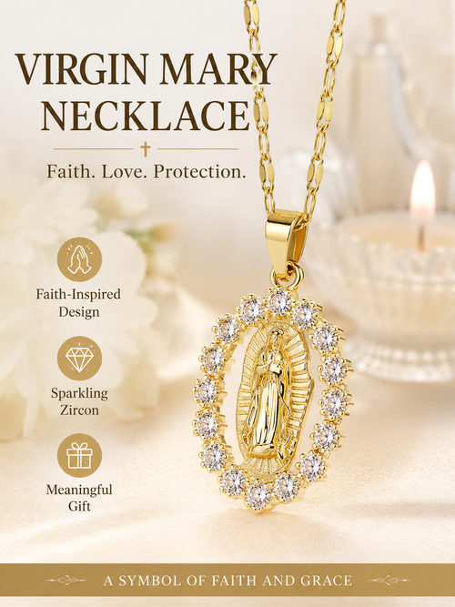 🙏 Faith & Grace ✨ Virgin Mary Pendant Necklace with 5A Cubic Zirconia Halo & 316L Stainless Steel Chain