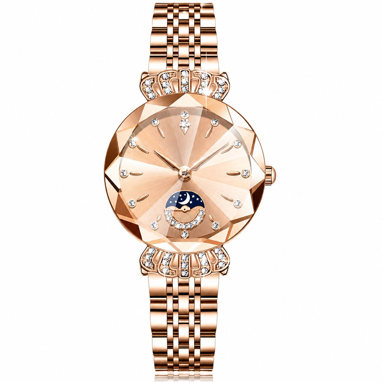👑 Luxurious Rose Gold Crystal Quartz Watch – Diamond Cut Vintage Wristwatch ✨