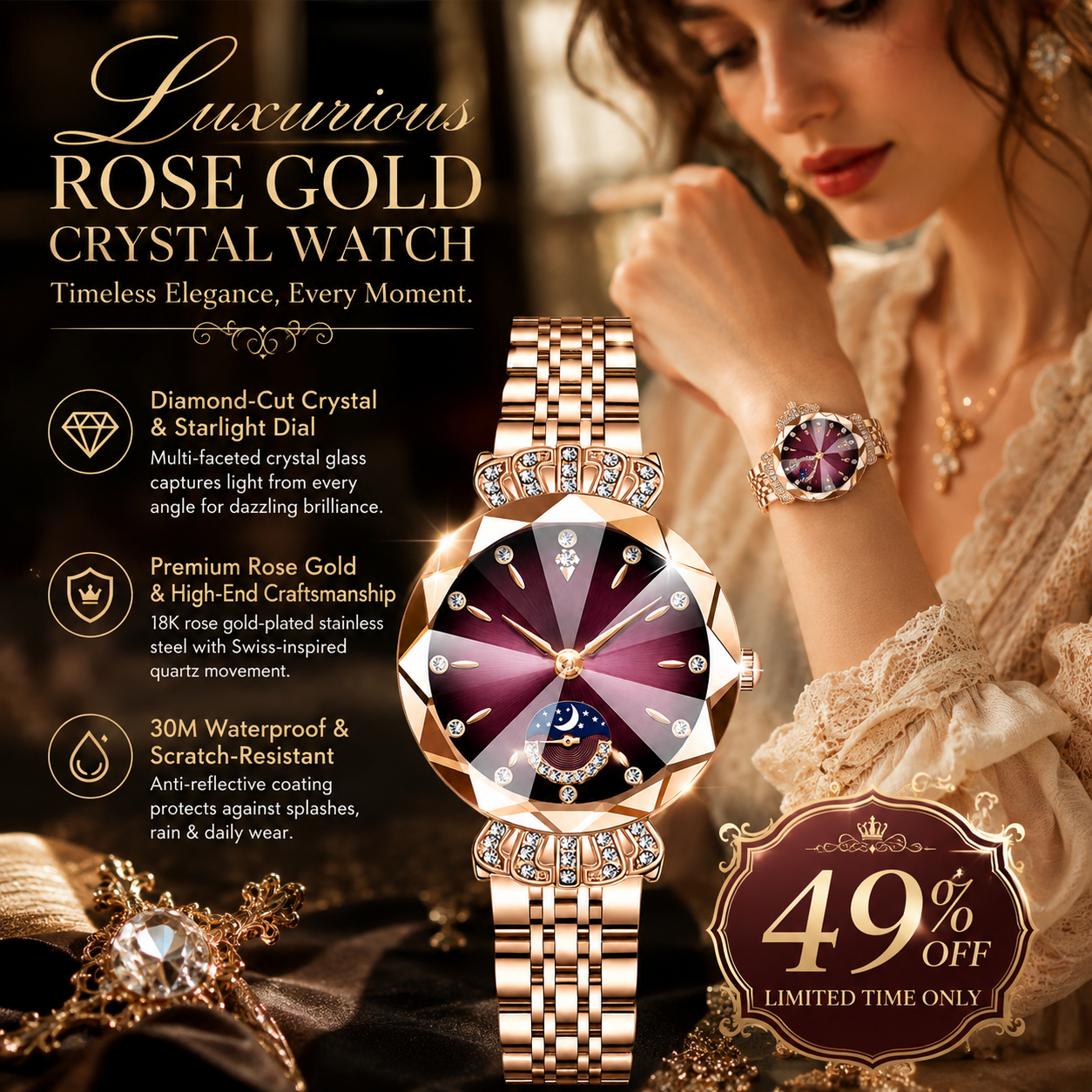 👑 Luxurious Rose Gold Crystal Quartz Watch – Diamond Cut Vintage Wristwatch ✨